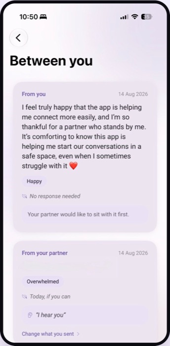 The 'Between you' screen, showing notes from each partner with the feelings they chose, the timeframe they hoped for, and the quiet acknowledgement sent back.